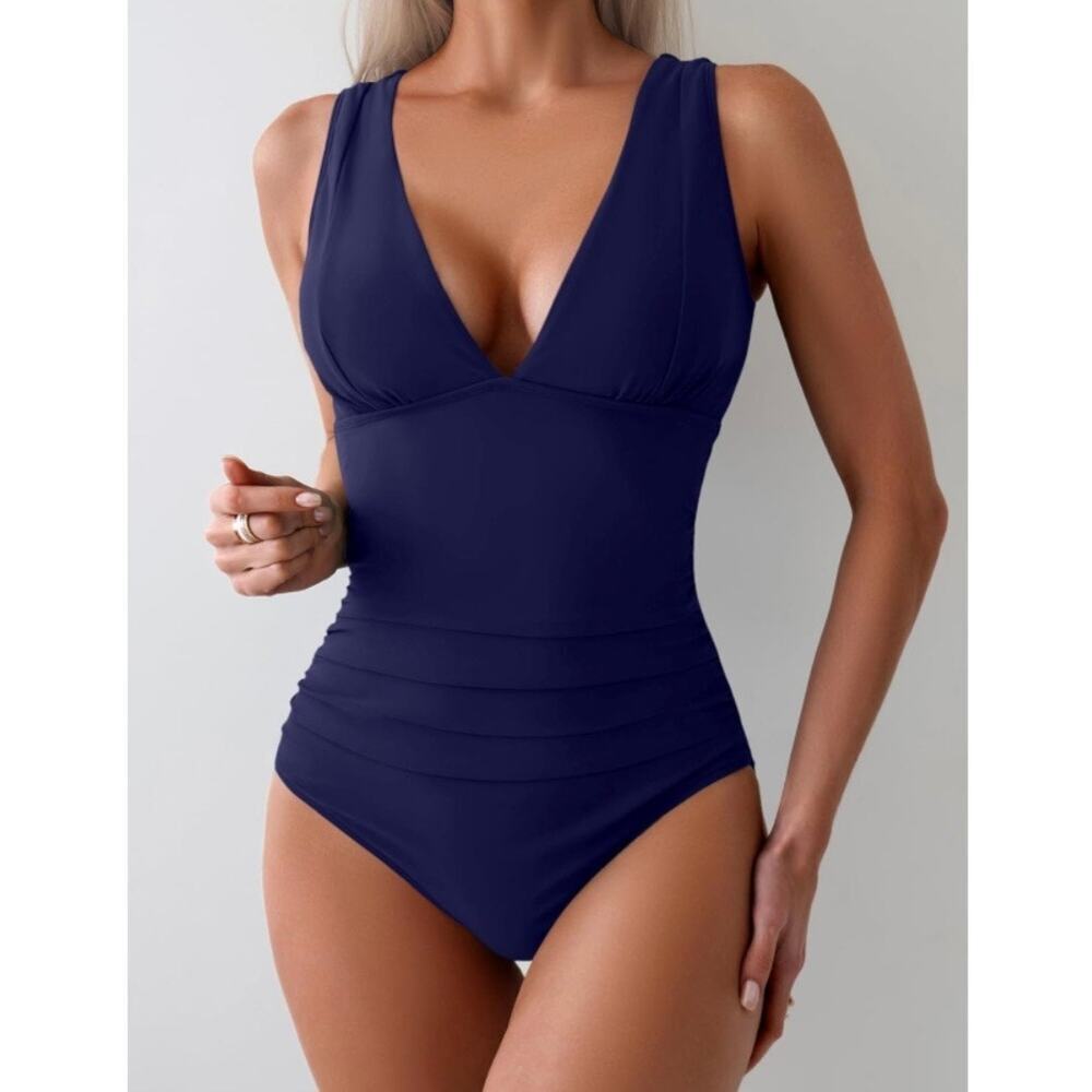 EoMENIE Women One Piece Swimsuit 2XL Tummy Control Plunge V Neck Ruched NWOT